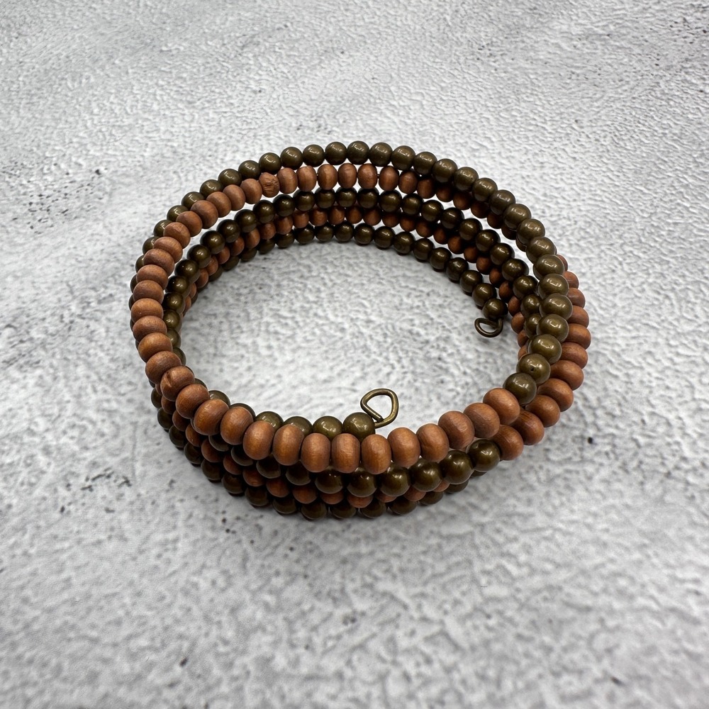 Brown Olive Wood Bead Memory Wire Wrap Bracelet Boho Layered Statement Vintage